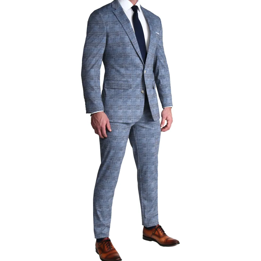 State and Liberty Athletic Fit Stretch Suit - Knit Light Blue, Navy and White Plaid| Suits