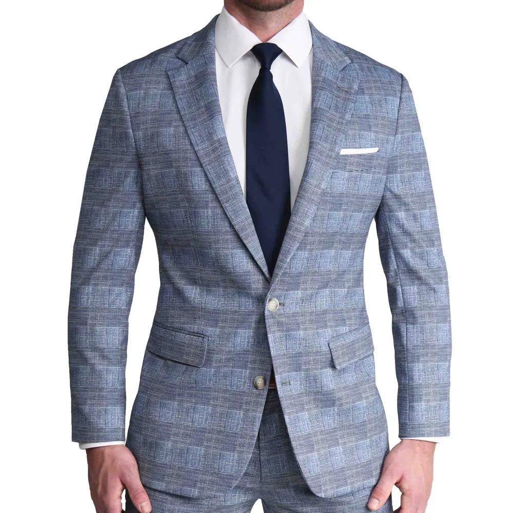 State and Liberty Athletic Fit Stretch Suit - Knit Light Blue, Navy and White Plaid| Suits