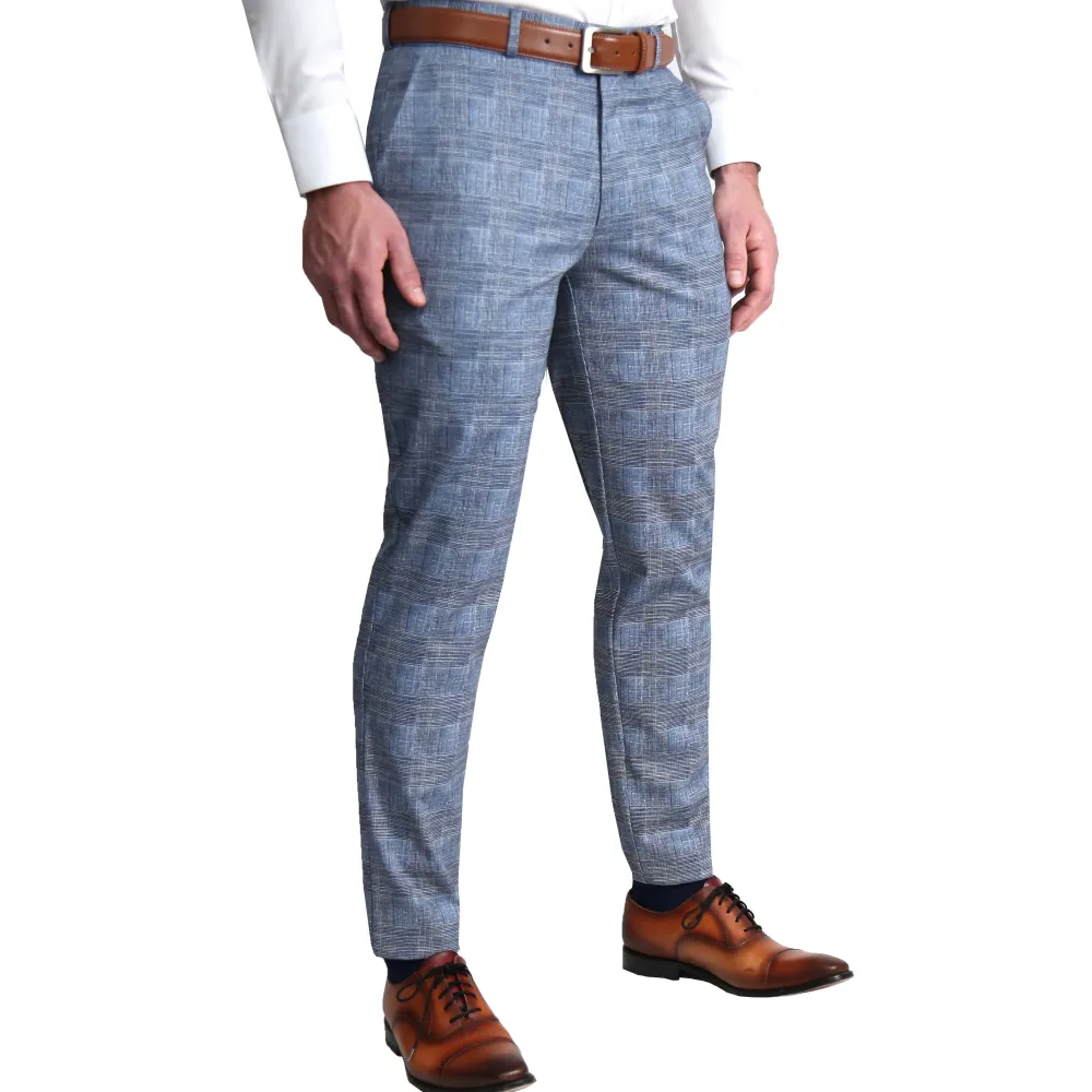 State and Liberty Athletic Fit Stretch Suit - Knit Light Blue, Navy and White Plaid| Suits