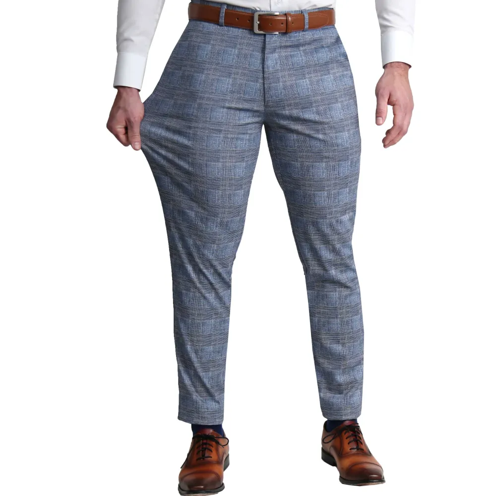 State and Liberty Athletic Fit Stretch Suit - Knit Light Blue, Navy and White Plaid| Suits