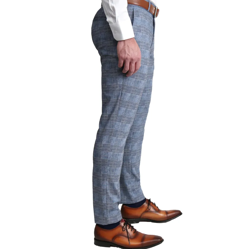 State and Liberty Athletic Fit Stretch Suit - Knit Light Blue, Navy and White Plaid| Suits