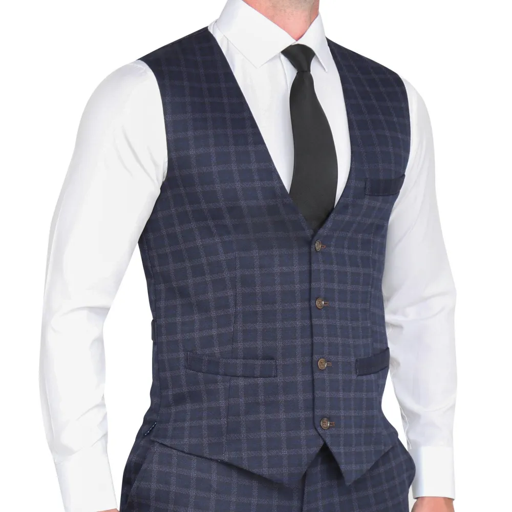 State and Liberty Athletic Fit Stretch Suit Vest - Blue Plaid| Vests