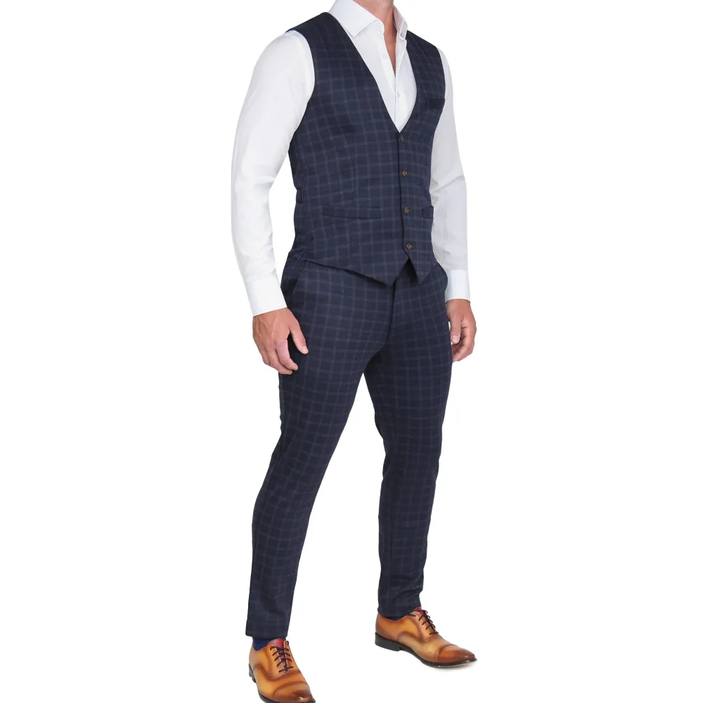 State and Liberty Athletic Fit Stretch Suit Vest - Blue Plaid| Vests