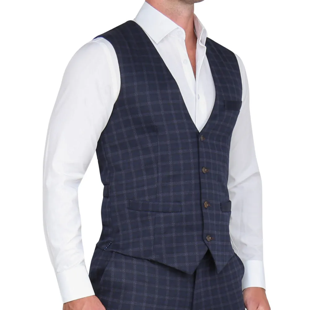 State and Liberty Athletic Fit Stretch Suit Vest - Blue Plaid| Vests