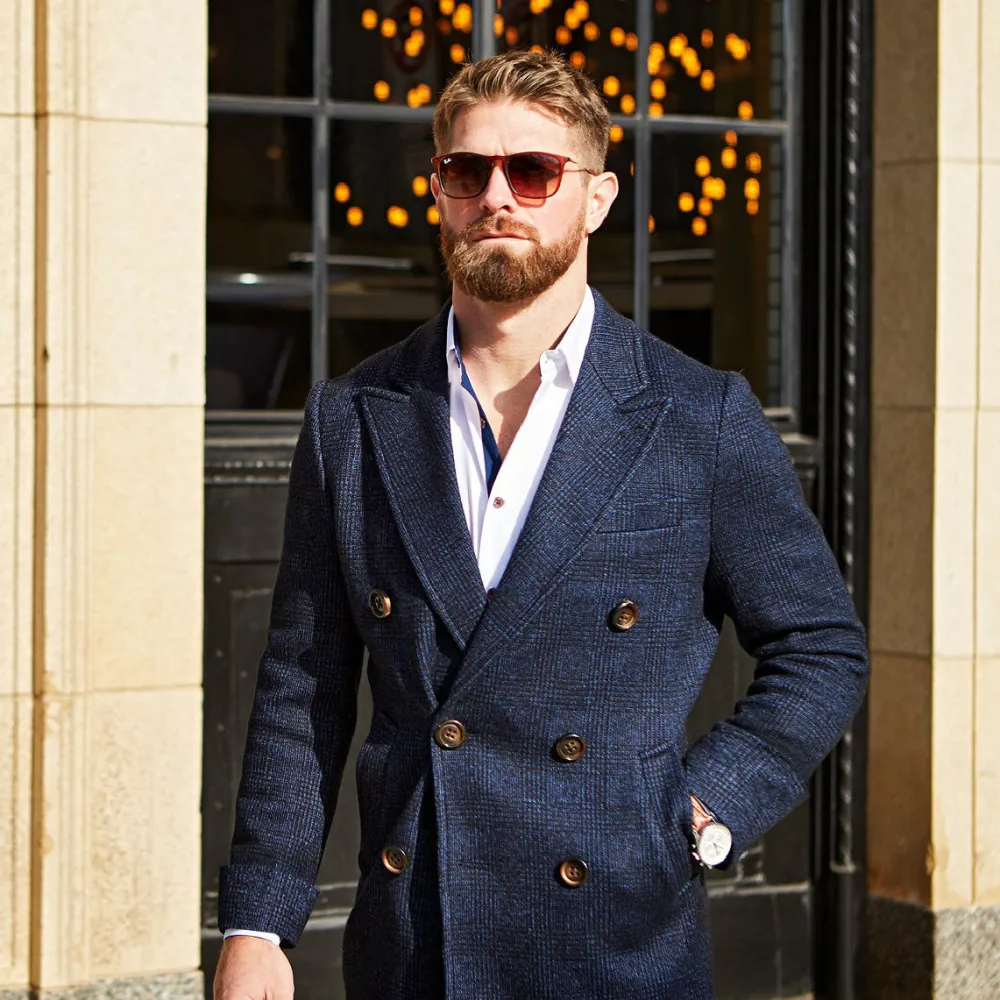 State and Liberty Navy Plaid Double-Breasted Overcoat| Coats & Jackets