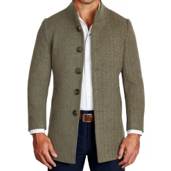 State and Liberty Olive Herringbone Open Button Overcoat| Coats & Jackets