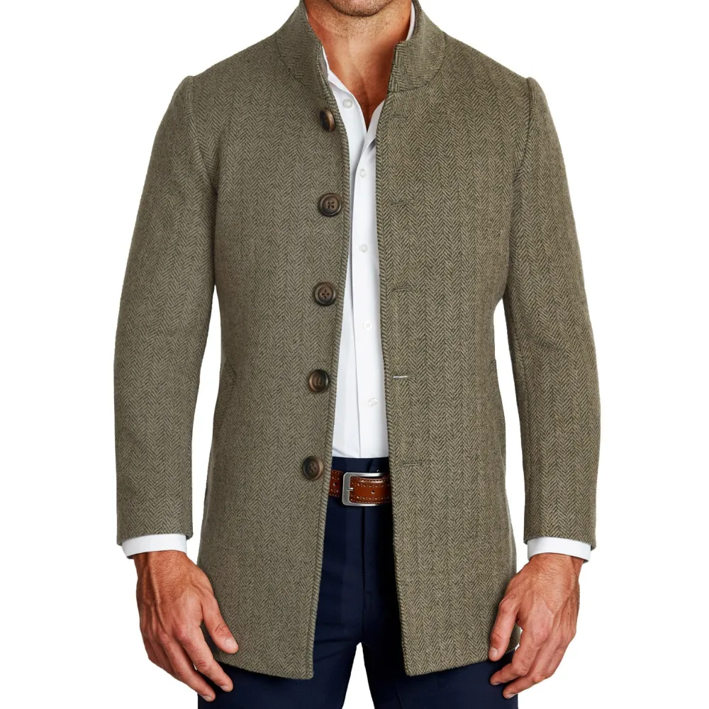 State and Liberty Olive Herringbone Open Button Overcoat| Coats & Jackets