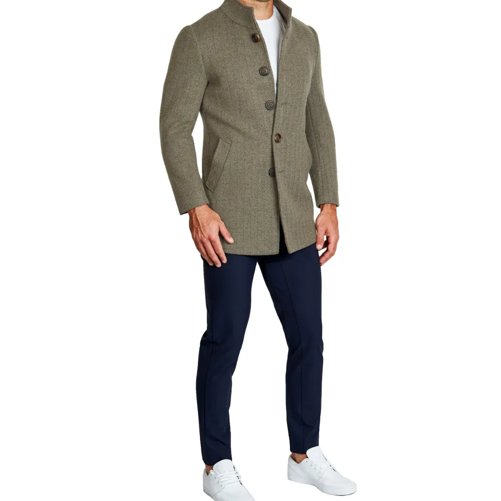 State and Liberty Olive Herringbone Open Button Overcoat| Coats & Jackets