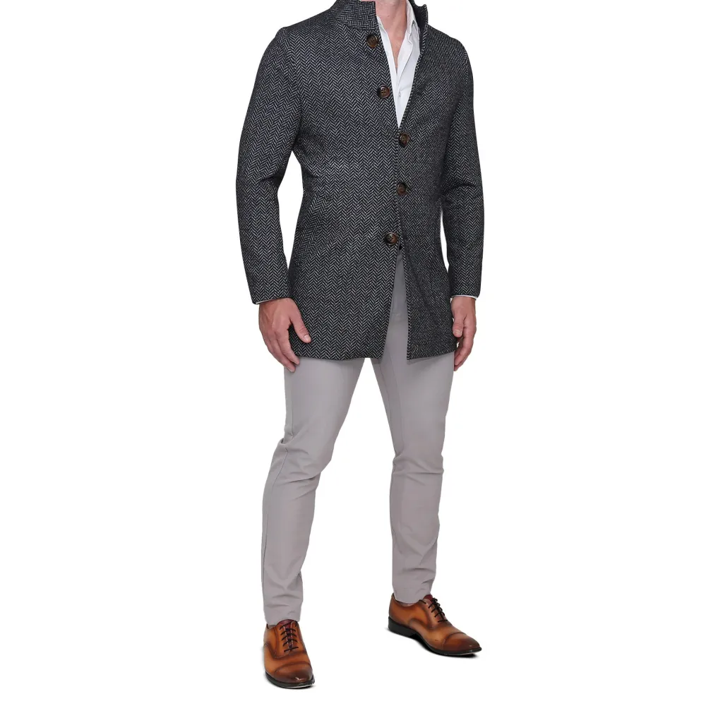 State and Liberty Open Button Overcoat - Navy & Grey Chevron| Coats & Jackets