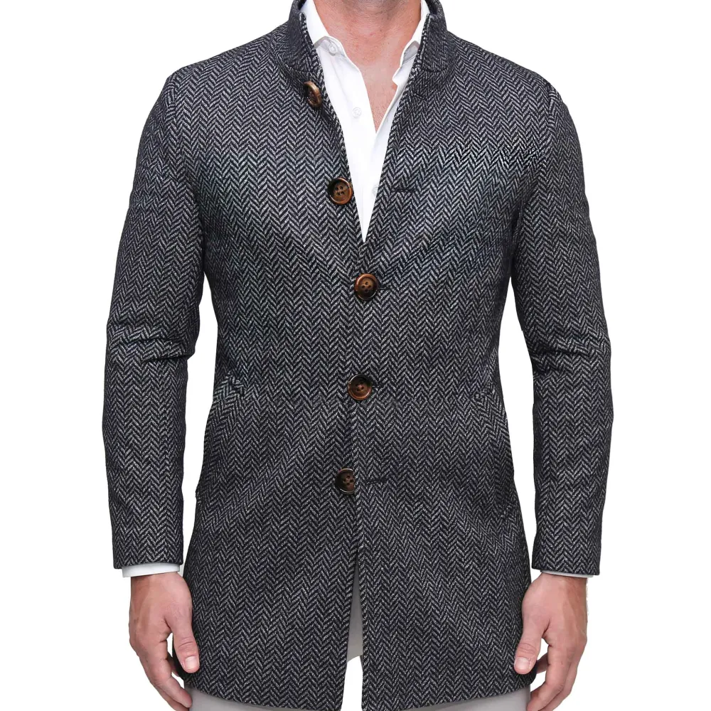 State and Liberty Open Button Overcoat - Navy & Grey Chevron| Coats & Jackets