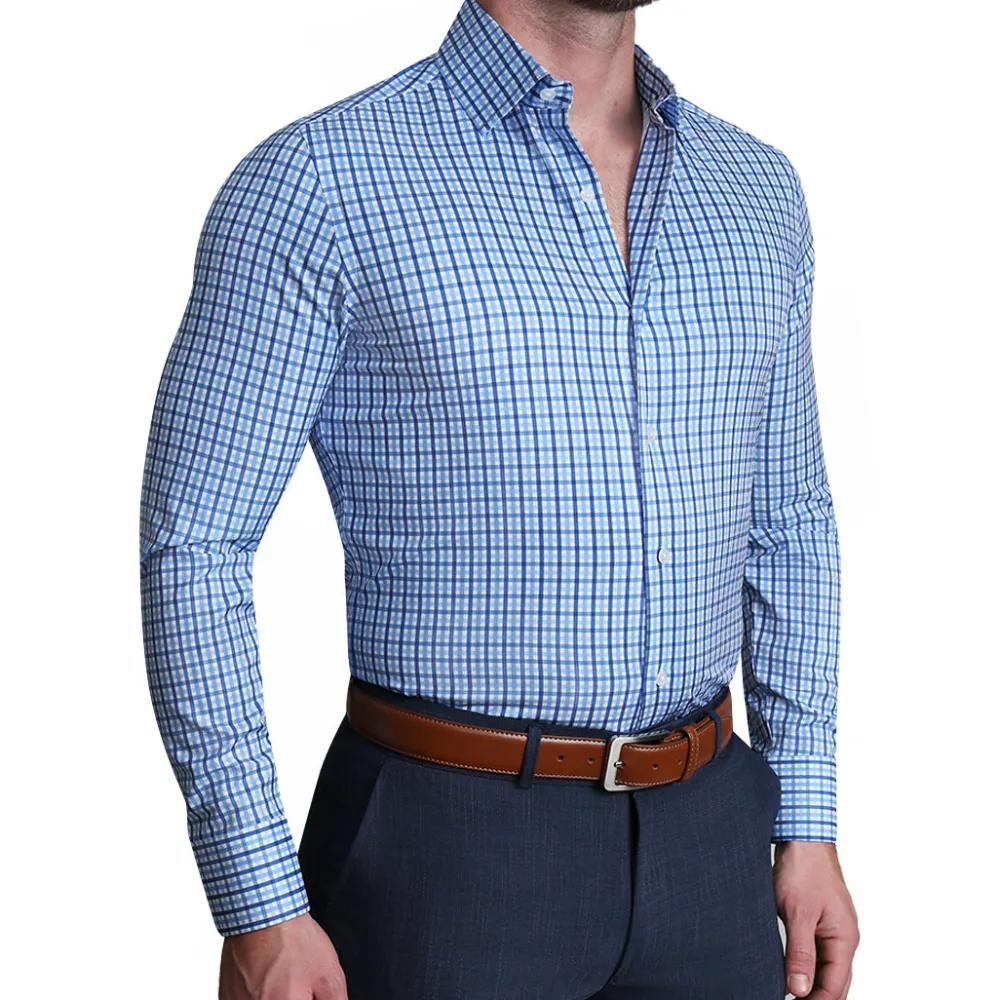 State and Liberty "The Emmett" Light Blue, White & Navy Mid Check| Dress Shirts