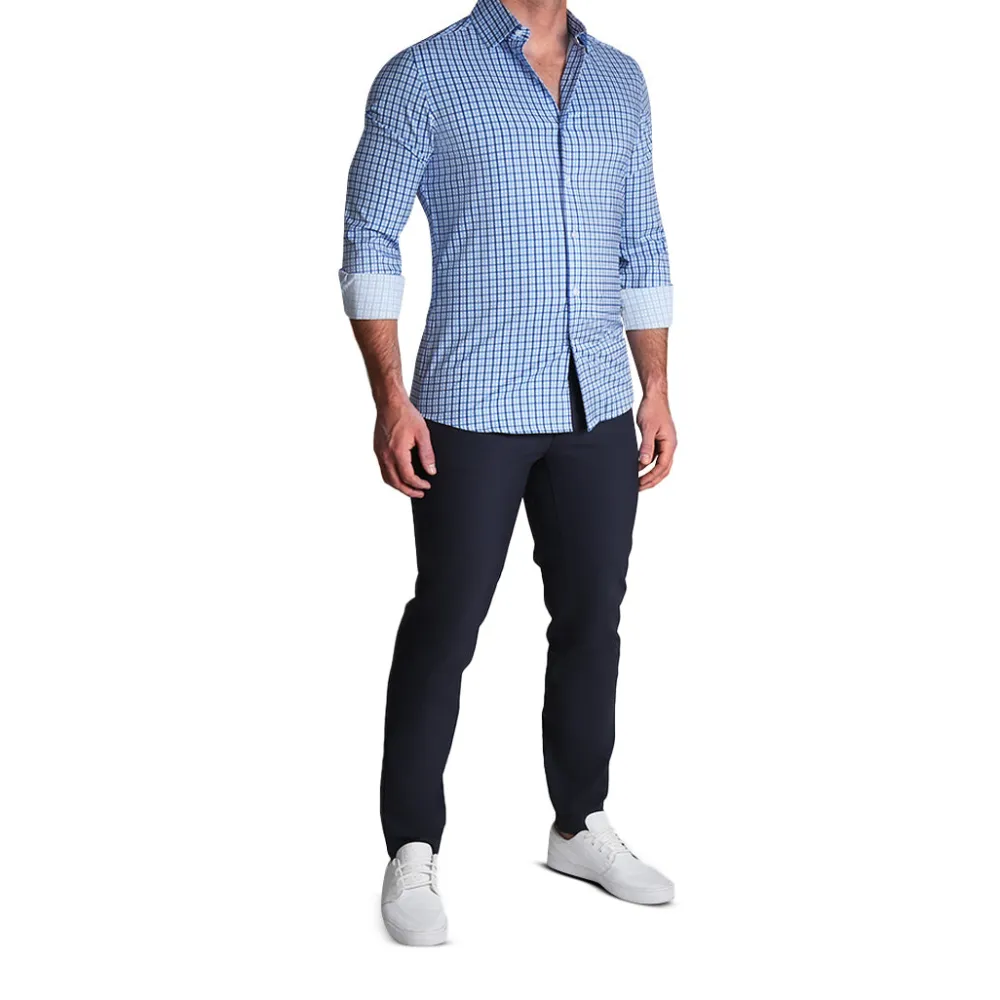 State and Liberty "The Emmett" Light Blue, White & Navy Mid Check| Dress Shirts