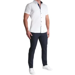State and Liberty "The Hampton" White with Navy Accents| T-shirts|Short Sleeve Button Downs