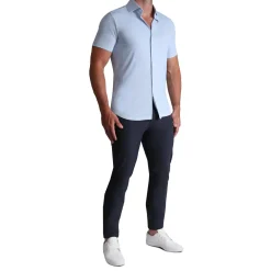 State and Liberty "The Rowan" Light Blue Printed Linen| Short Sleeve Button Downs