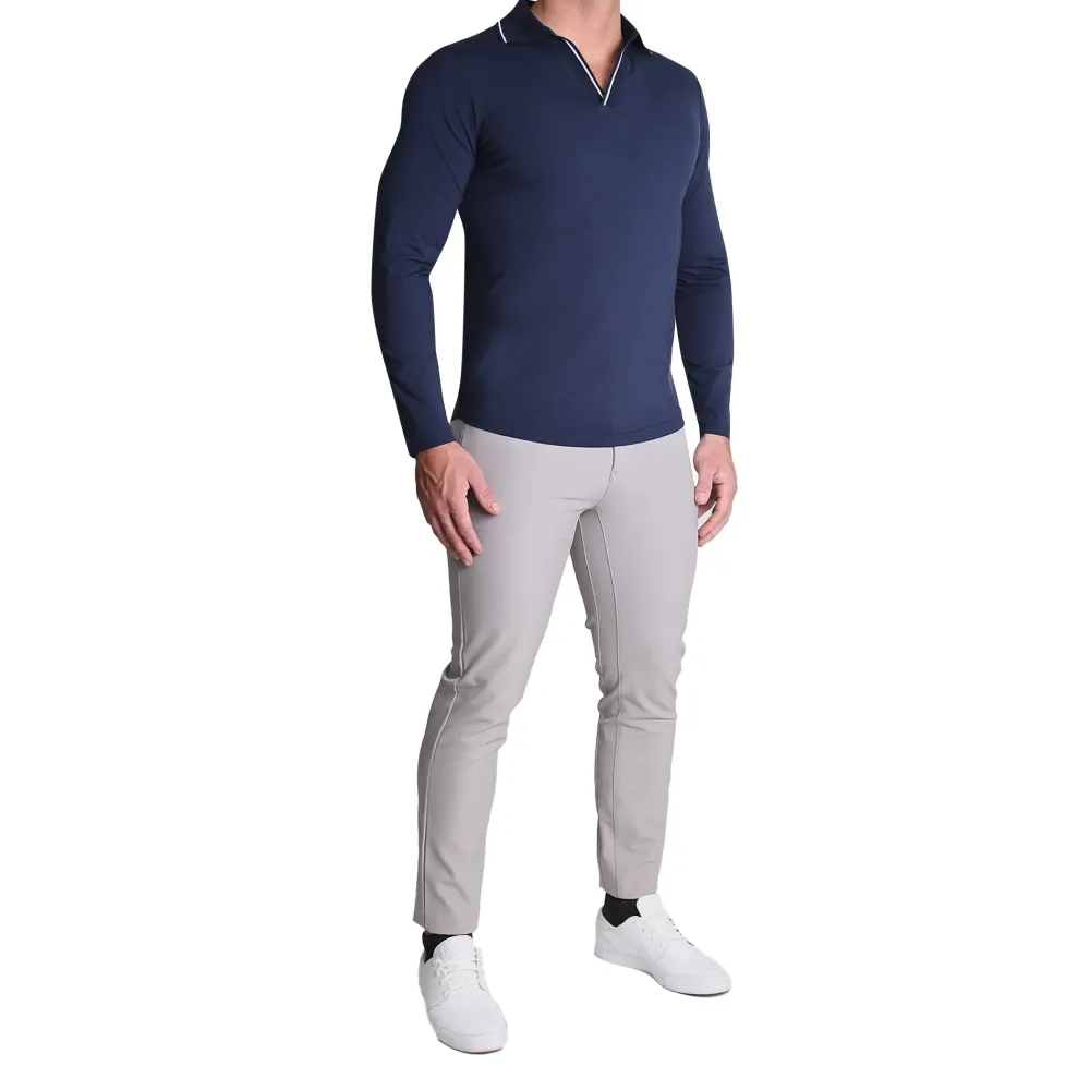 State and Liberty Tipped Long Sleeve Polo - Navy with White| Casual Long Sleeves|Polos