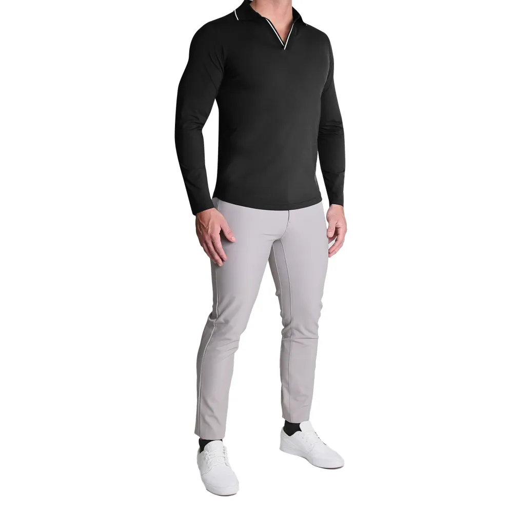 State and Liberty Tipped Long Sleeve Polo - Black with White| Casual Long Sleeves|Polos