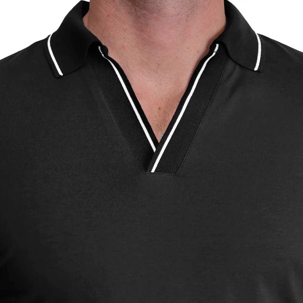 State and Liberty Tipped Long Sleeve Polo - Black with White| Casual Long Sleeves|Polos